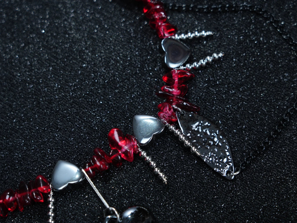 Y2K Red Beaded Gothic Necklace – Silver Charms with Cross, Heart & Leaf Accents