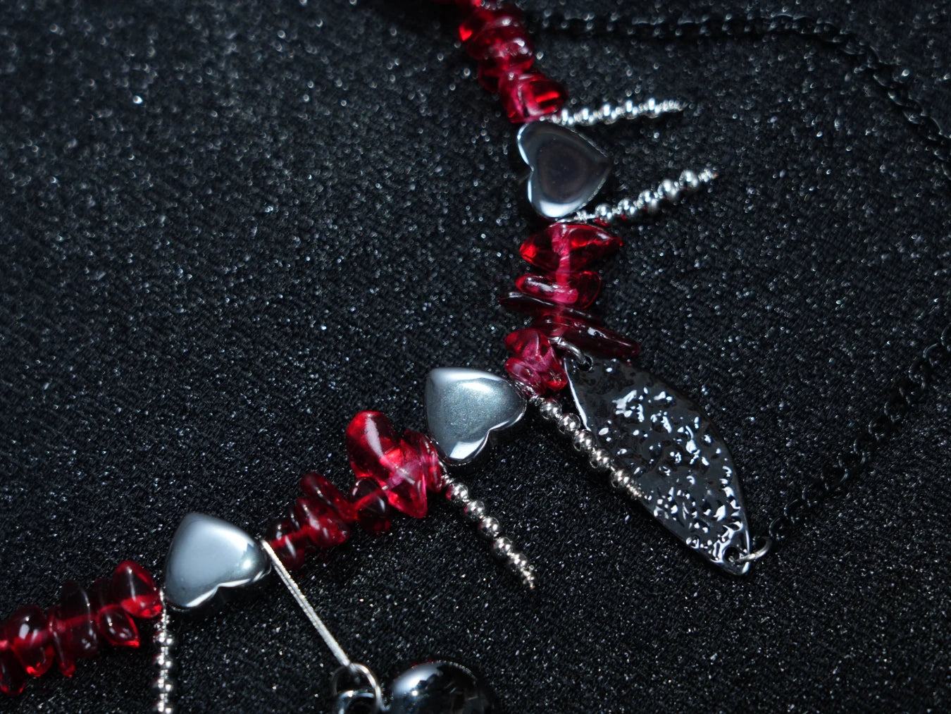 Y2K Red Beaded Gothic Necklace – Silver Charms with Cross, Heart & Leaf Accents