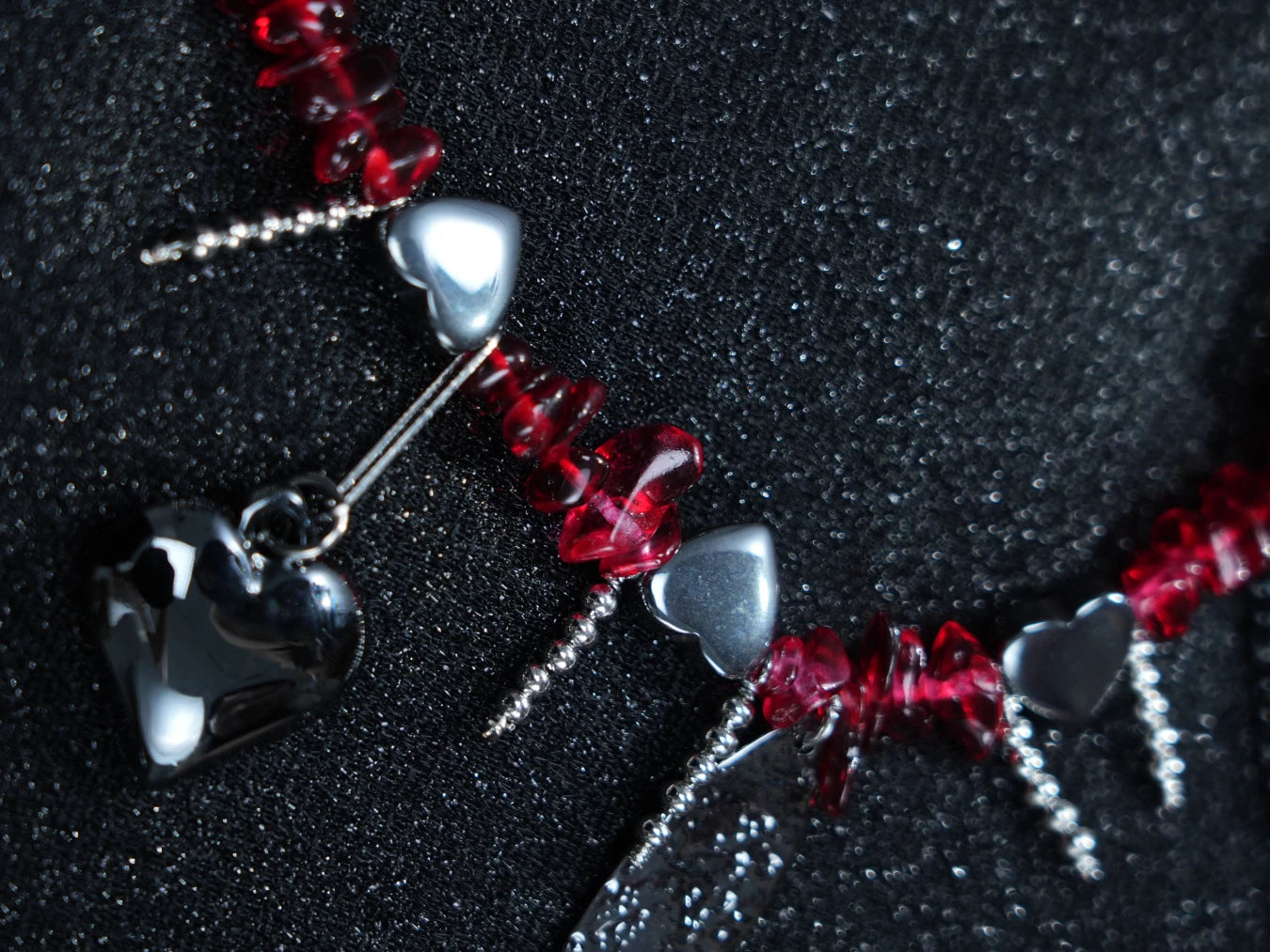 Y2K Red Beaded Gothic Necklace – Silver Charms with Cross, Heart & Leaf Accents