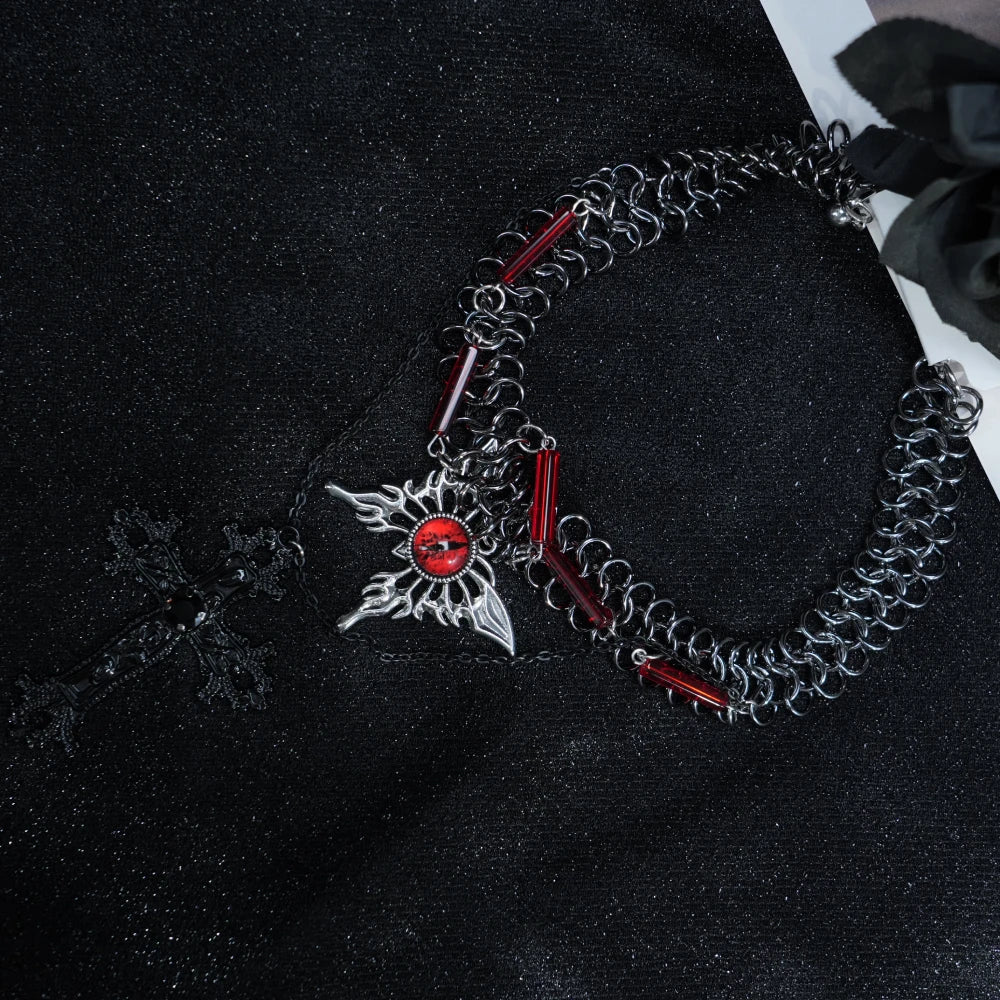 Y2K Gothic Red Evil Eye Layered Necklace – Silver Chain with Red Beads & Cross Pendant