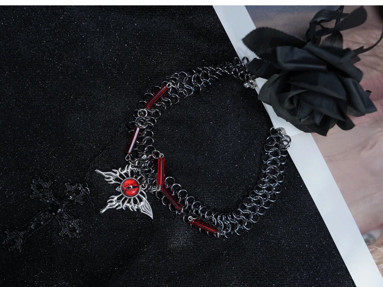 Y2K Gothic Red Evil Eye Layered Necklace – Silver Chain with Red Beads & Cross Pendant