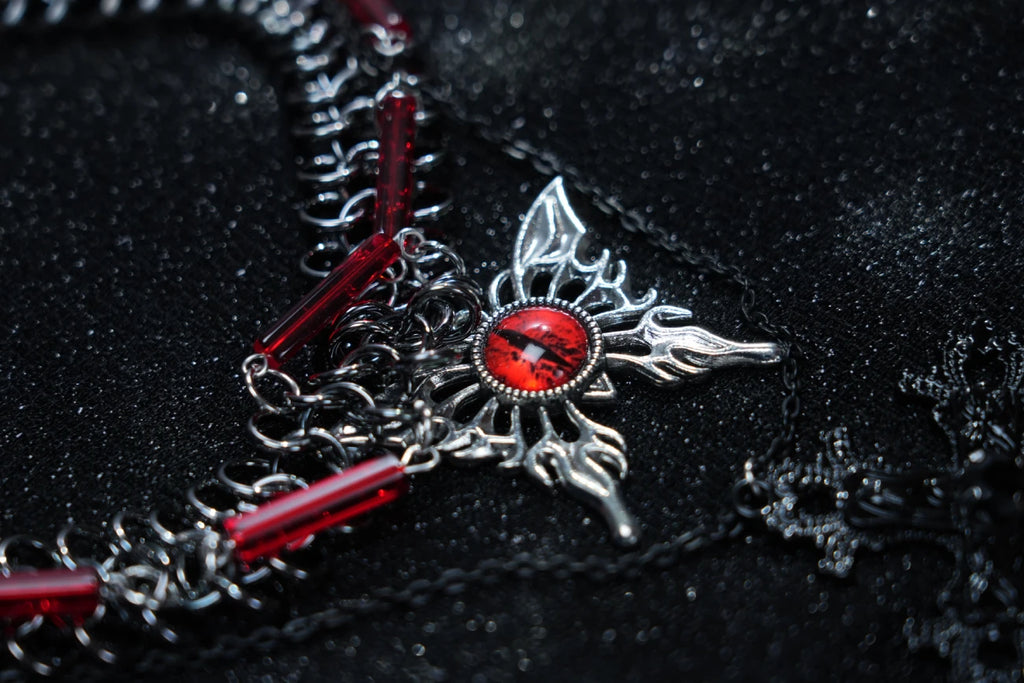 Y2K Gothic Red Evil Eye Layered Necklace – Silver Chain with Red Beads & Cross Pendant