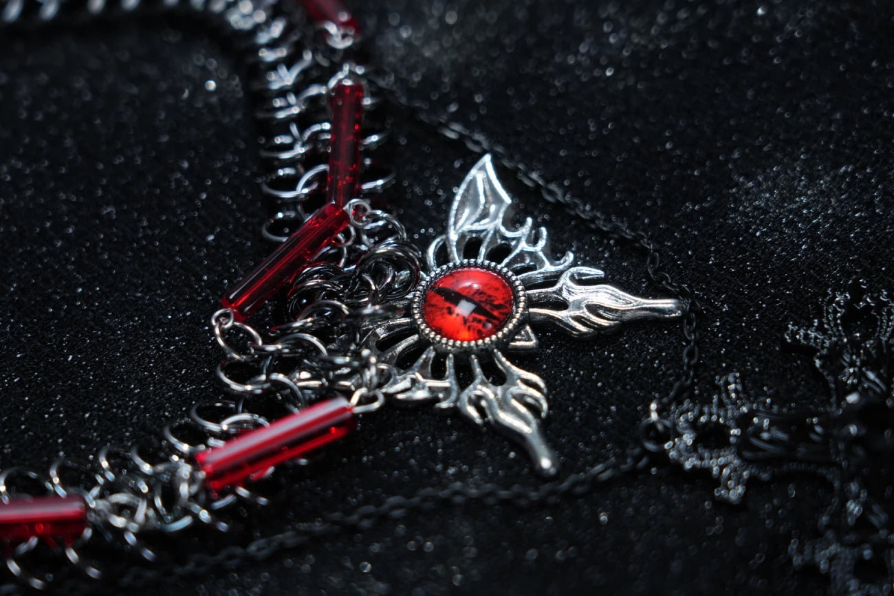 Y2K Gothic Red Evil Eye Layered Necklace – Silver Chain with Red Beads & Cross Pendant
