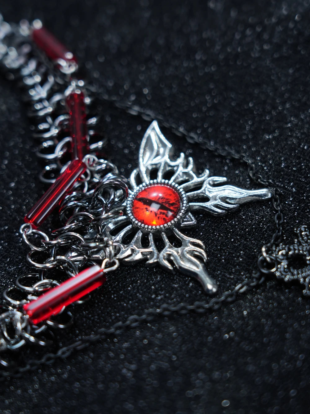 Y2K Gothic Red Evil Eye Layered Necklace – Silver Chain with Red Beads & Cross Pendant