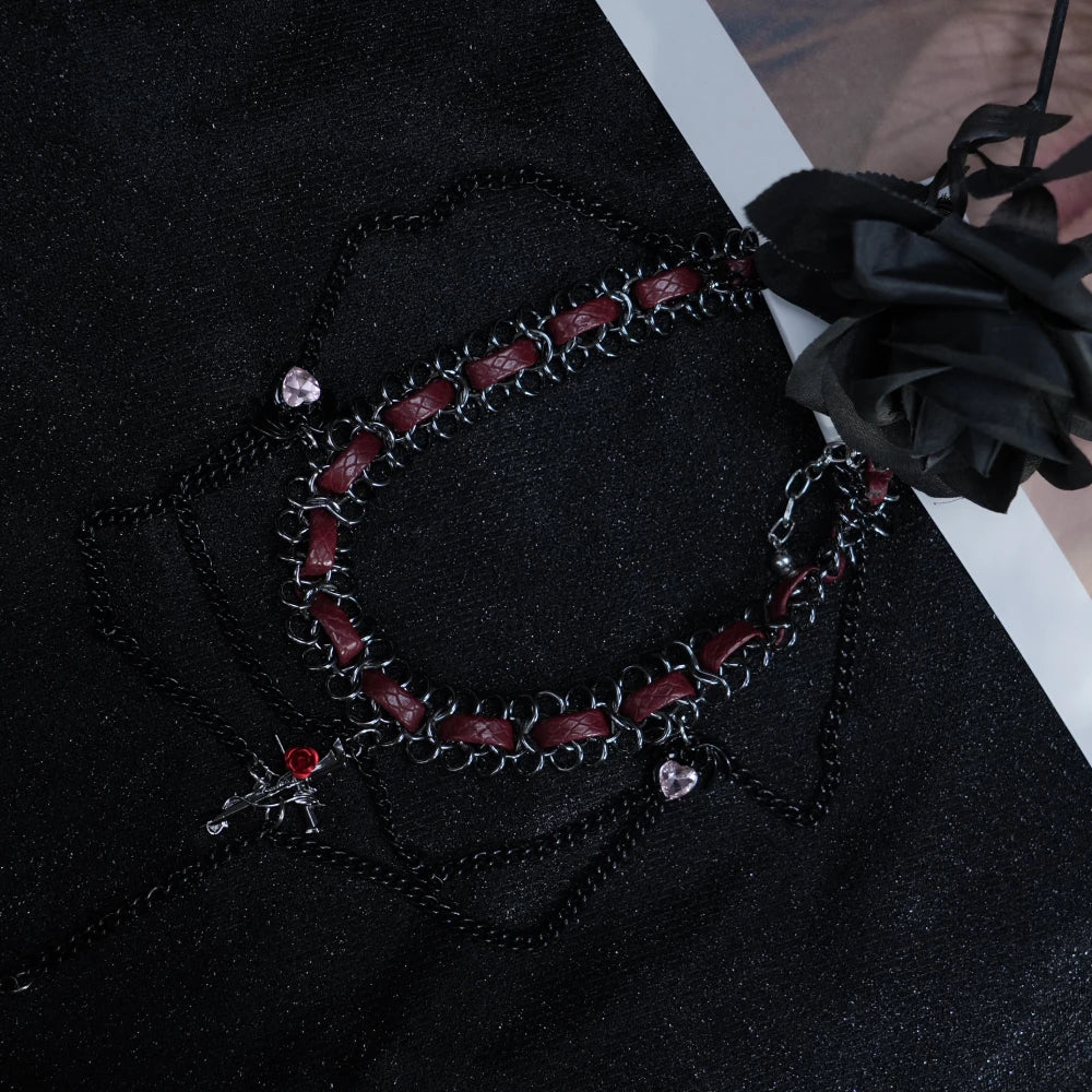 Y2K Gothic Cross Choker – Dark Metal Cross Pendant with Reddish Gemstones