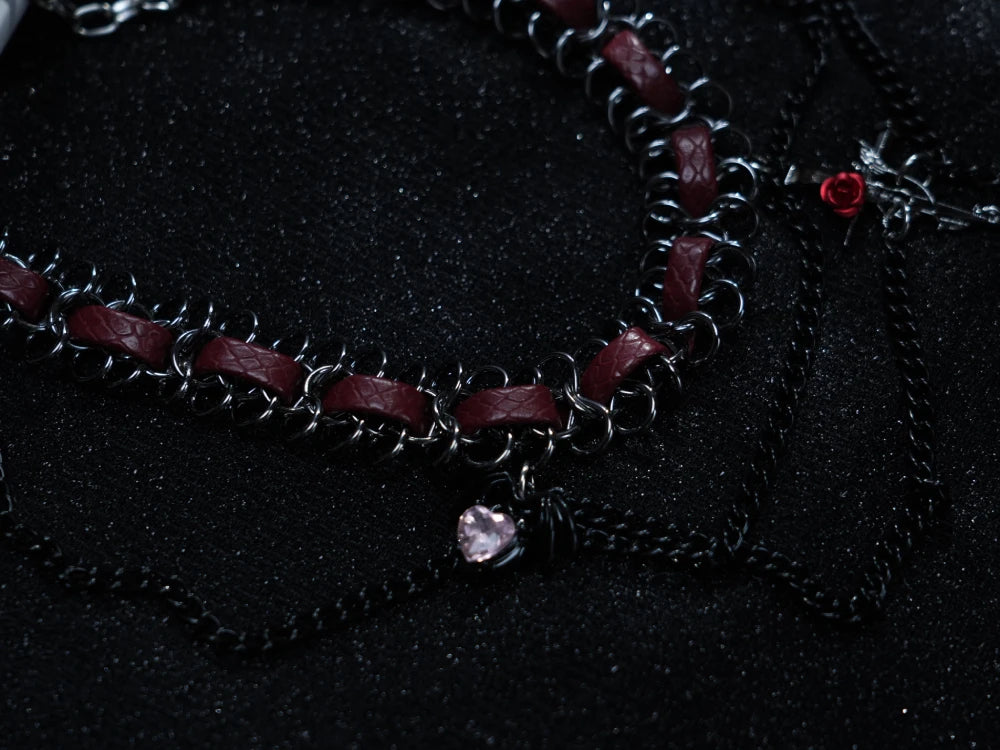 Y2K Gothic Cross Choker – Dark Metal Cross Pendant with Reddish Gemstones