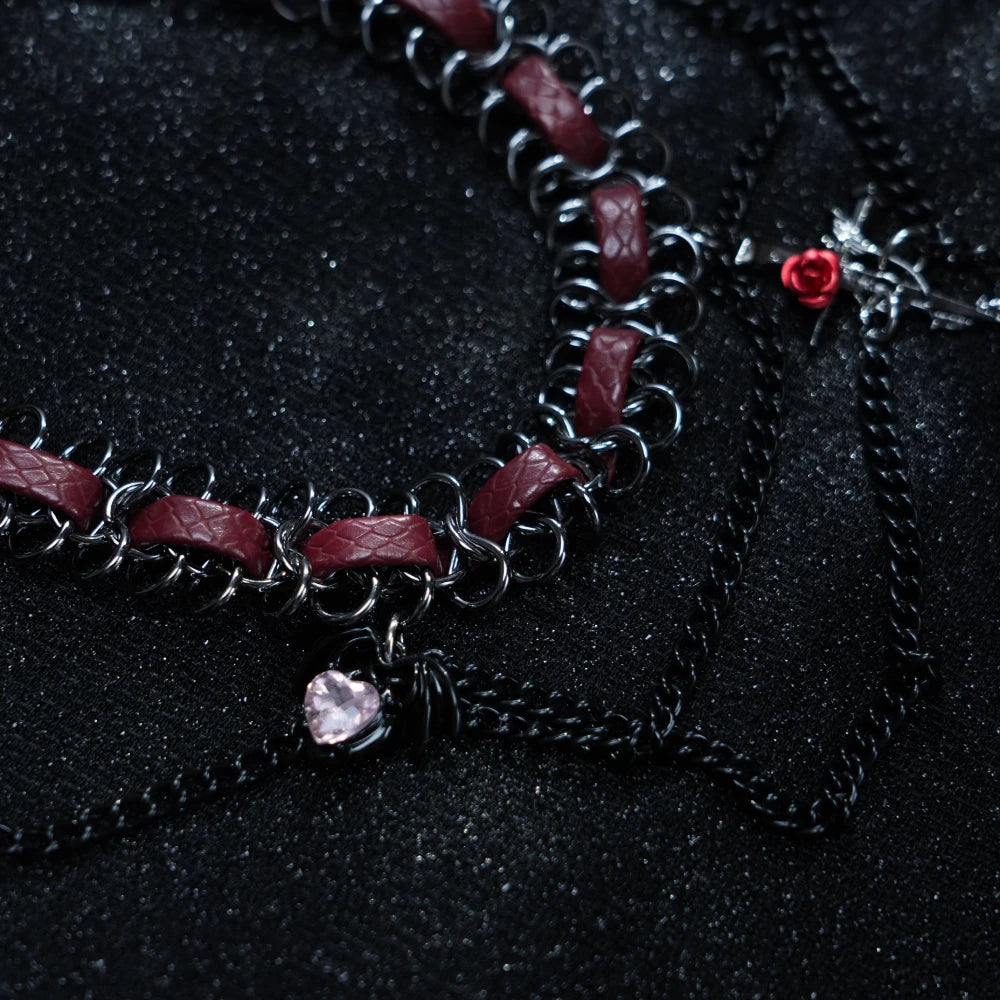 Y2K Gothic Cross Choker – Dark Metal Cross Pendant with Reddish Gemstones