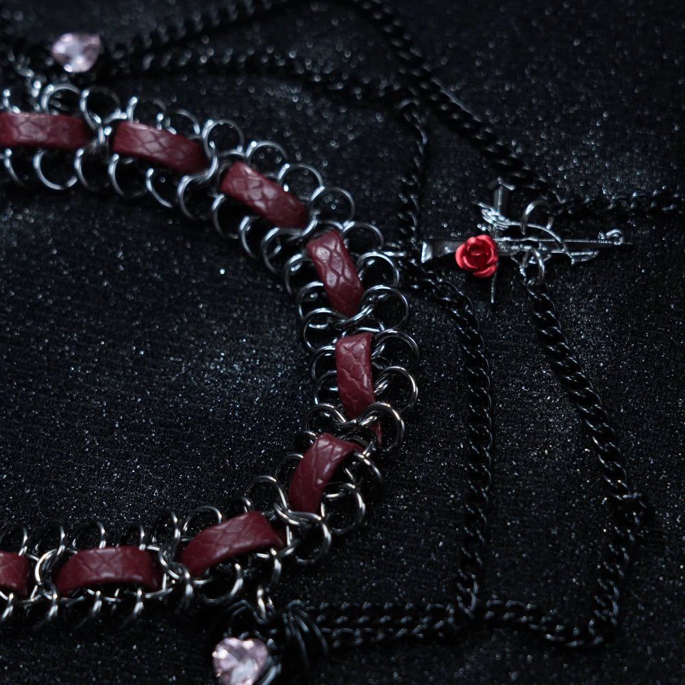 Y2K Gothic Cross Choker – Dark Metal Cross Pendant with Reddish Gemstones