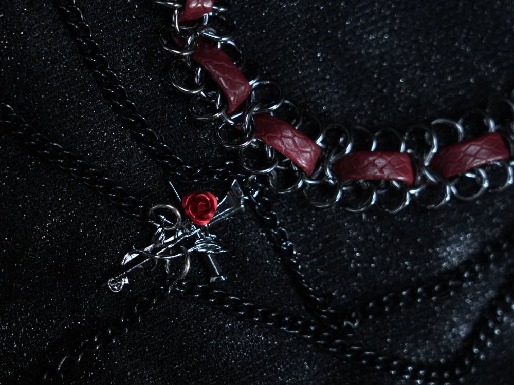 Y2K Gothic Cross Choker – Dark Metal Cross Pendant with Reddish Gemstones