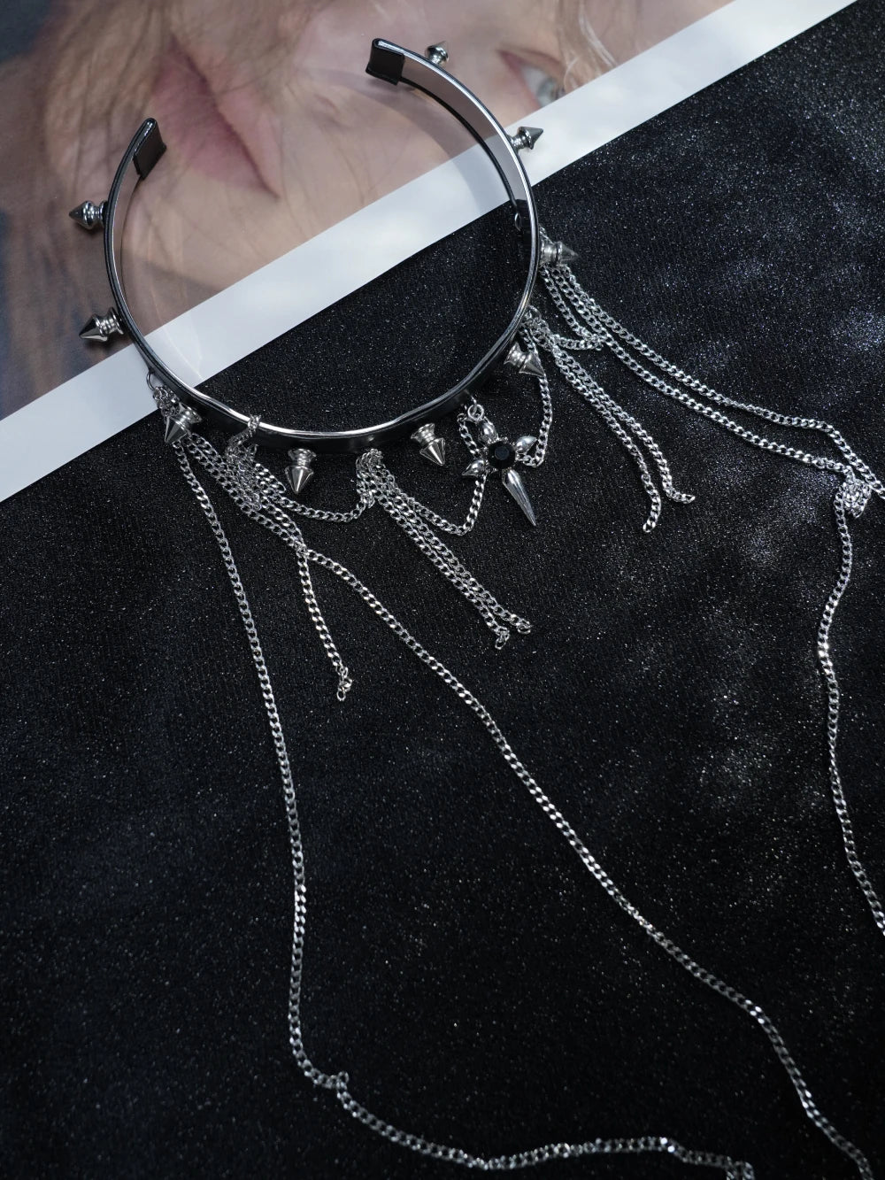 Y2K Black Leather Spike Choker – Gothic Metal Tassel Chains with Cross Pendant