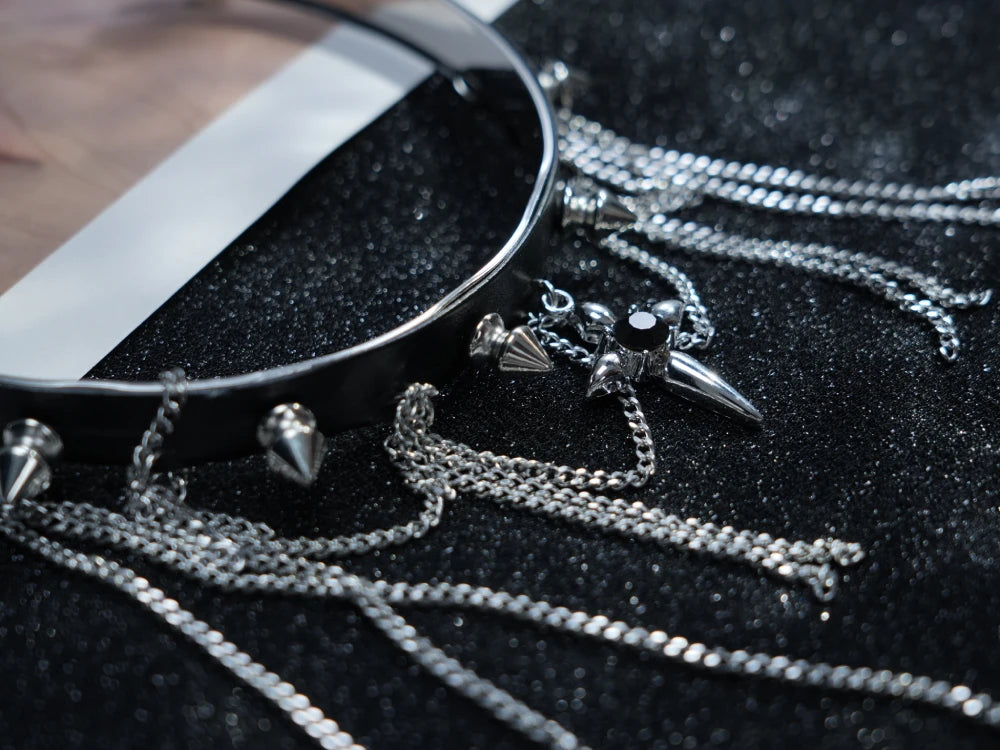 Y2K Black Leather Spike Choker – Gothic Metal Tassel Chains with Cross Pendant