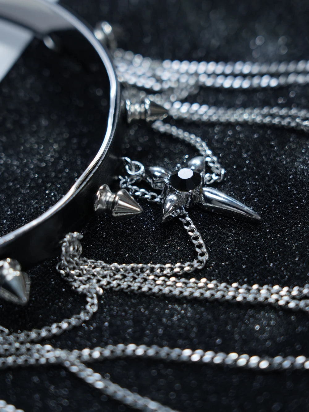 Y2K Black Leather Spike Choker – Gothic Metal Tassel Chains with Cross Pendant