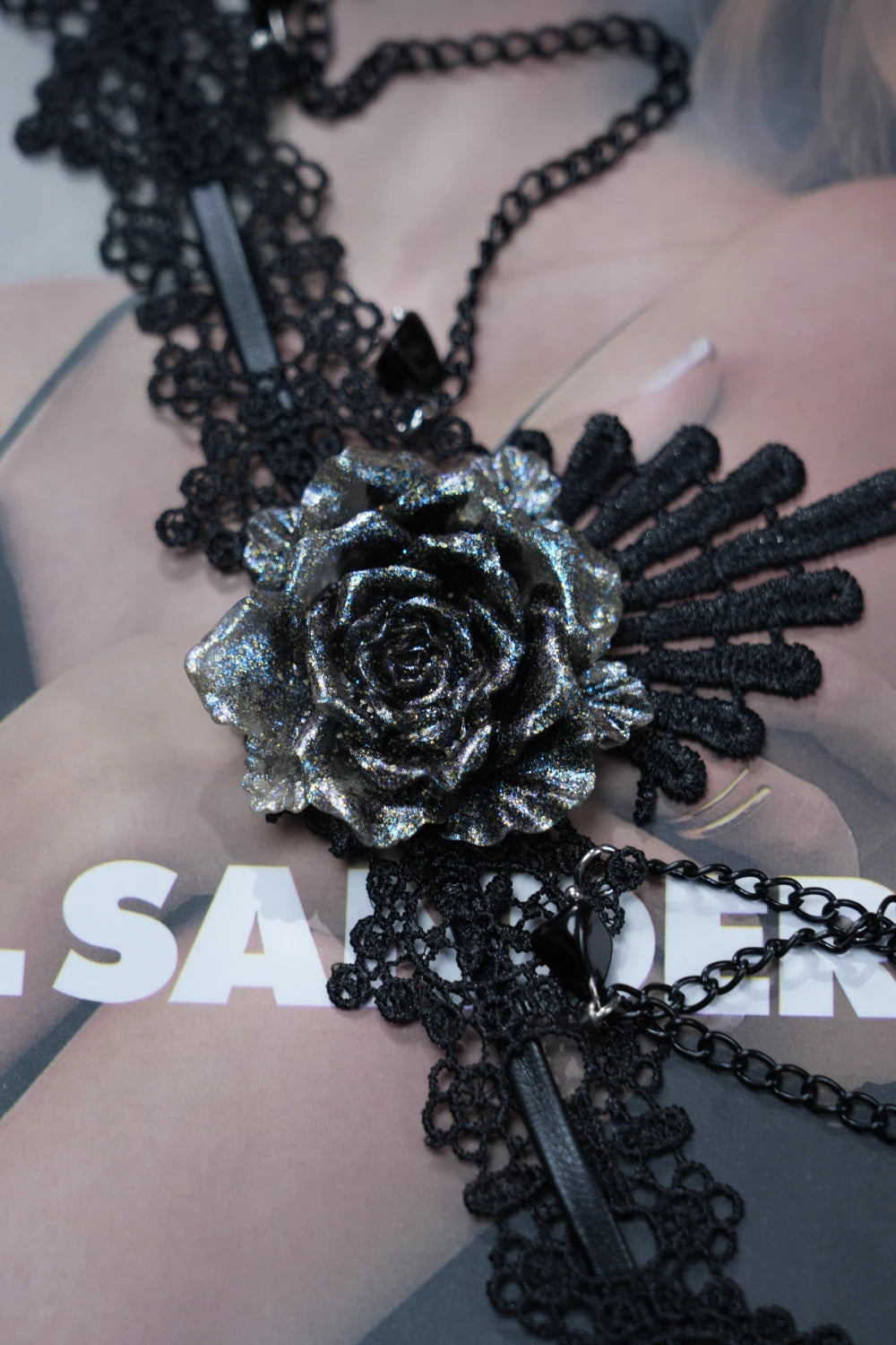 Y2K Gothic Lace Choker – Silver Rose Pendant with Dangling Black Chains