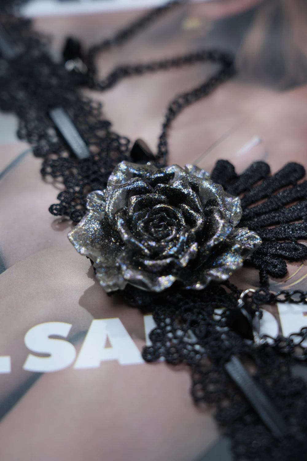 Y2K Gothic Lace Choker – Silver Rose Pendant with Dangling Black Chains
