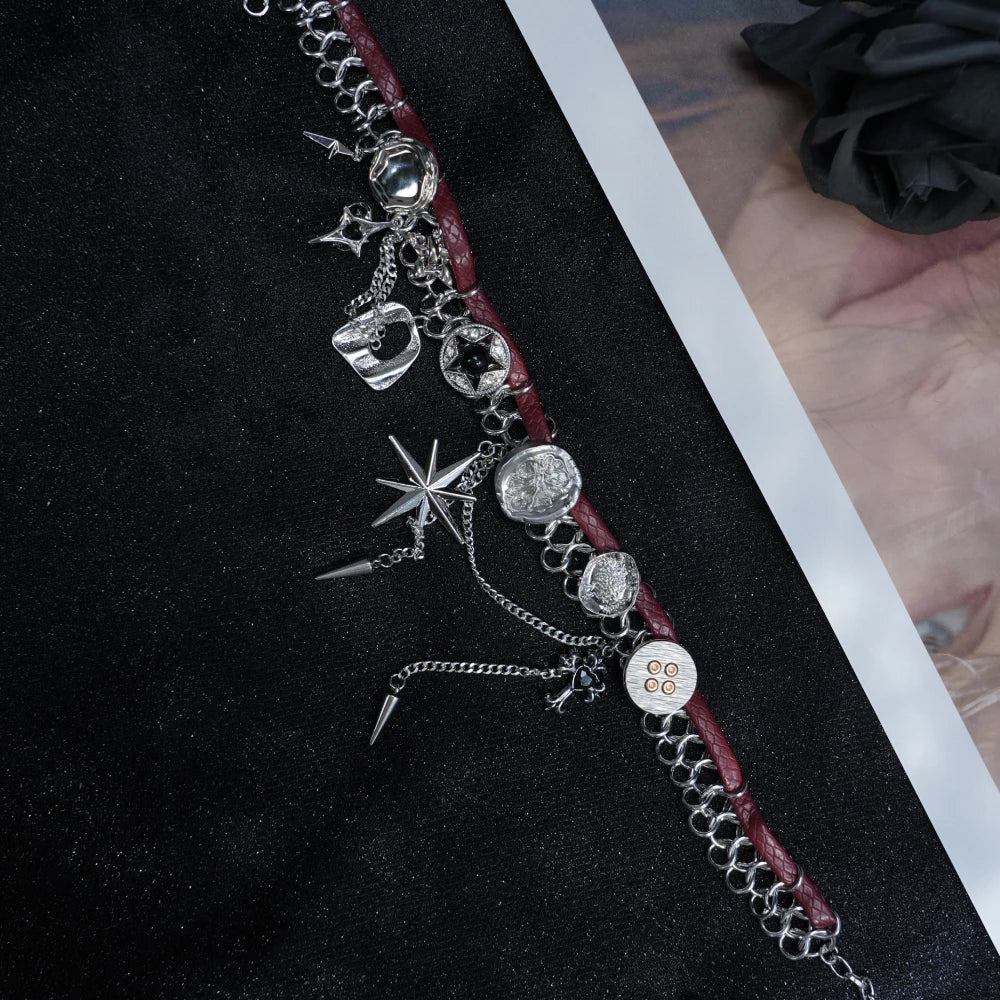 Y2K Burgundy Velvet Choker – Silver Star & Heart Charm Gothic Necklace