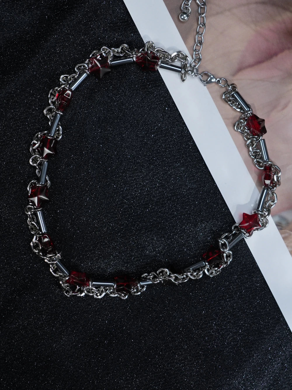 Y2K Silver Chain Necklace – Gothic Red Gemstone Statement Choker