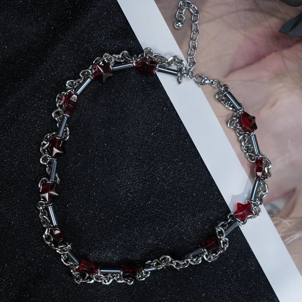Y2K Silver Chain Necklace – Gothic Red Gemstone Statement Choker