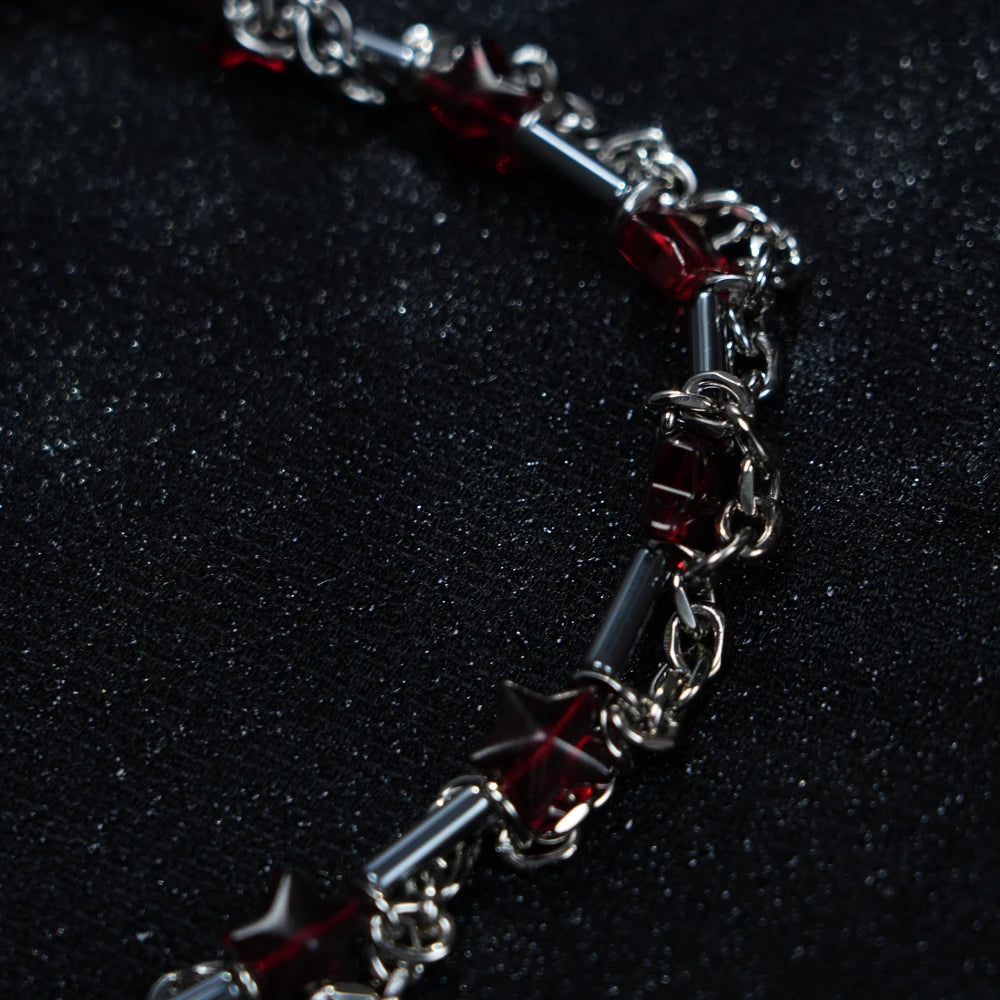 Y2K Silver Chain Necklace – Gothic Red Gemstone Statement Choker