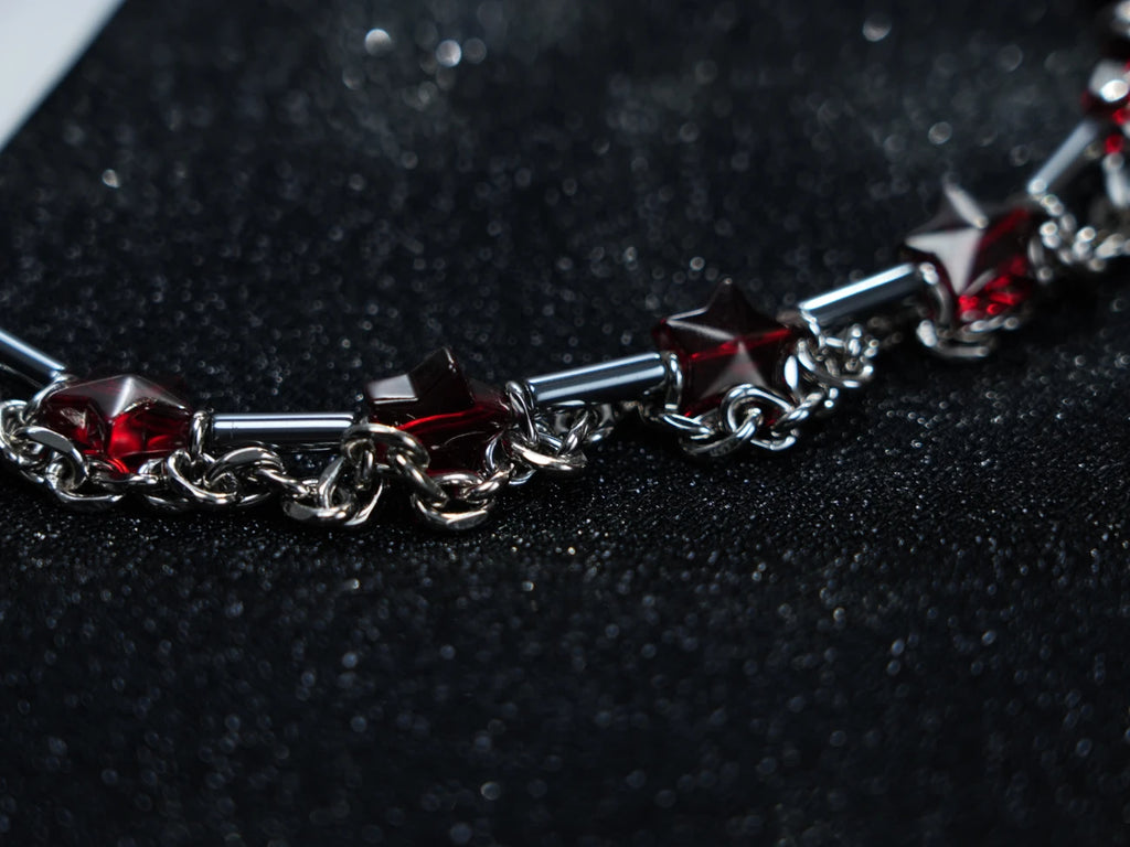Y2K Silver Chain Necklace – Gothic Red Gemstone Statement Choker