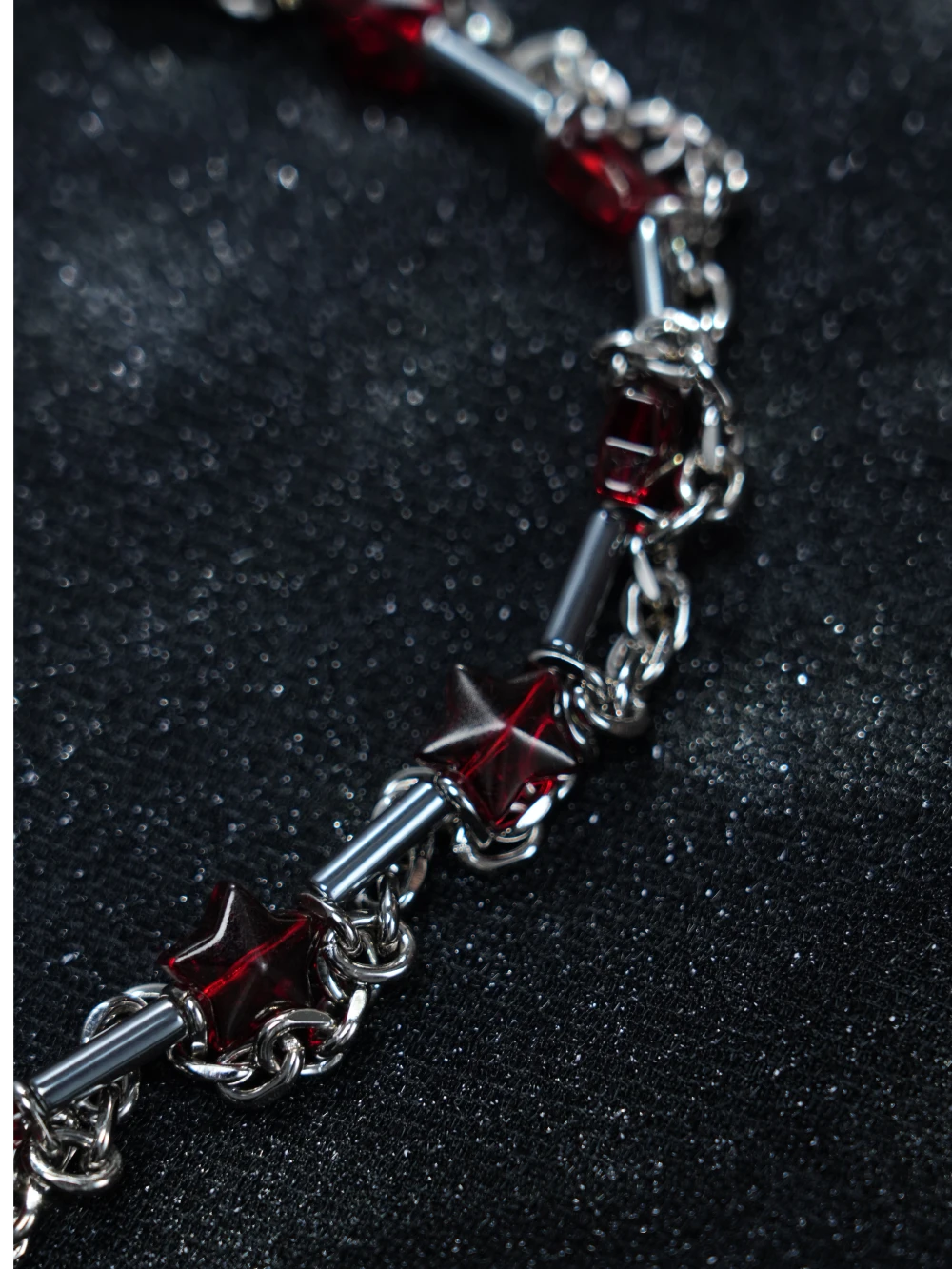 Y2K Silver Chain Necklace – Gothic Red Gemstone Statement Choker