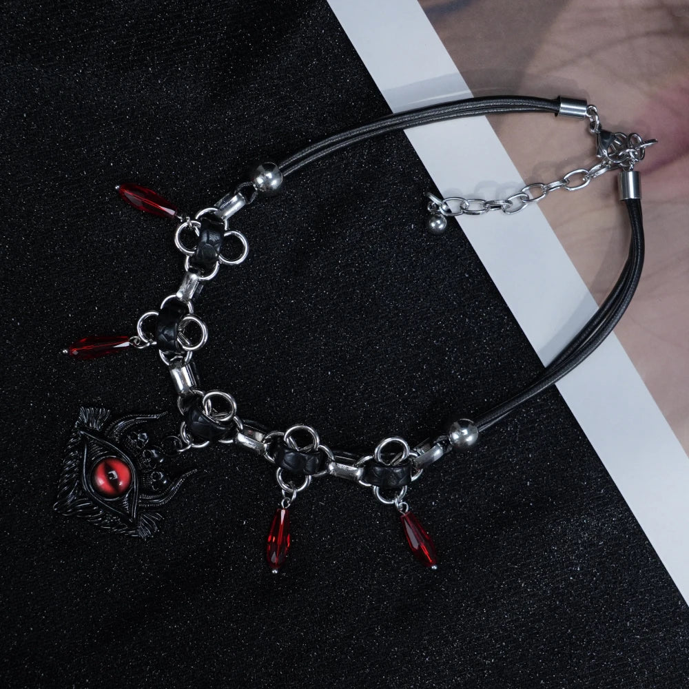 Y2K Evil Eye Choker – Silver Gothic Necklace with Red Tear Drop Crystals