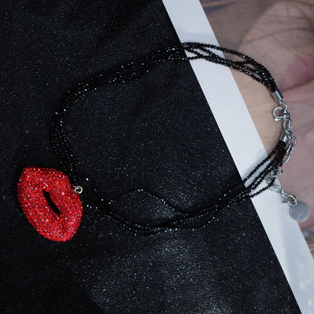 Y2K Red Lips Necklace – Crystal Lip Pendant with Layered Dark Beaded Chains