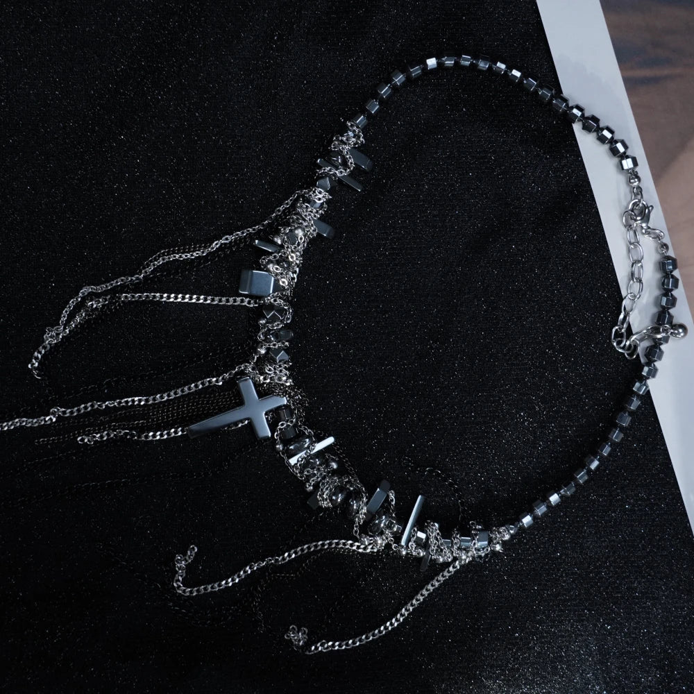 Y2K Layered Cross Chain Necklace – Gothic Silver & Black Multi-Strand Statement