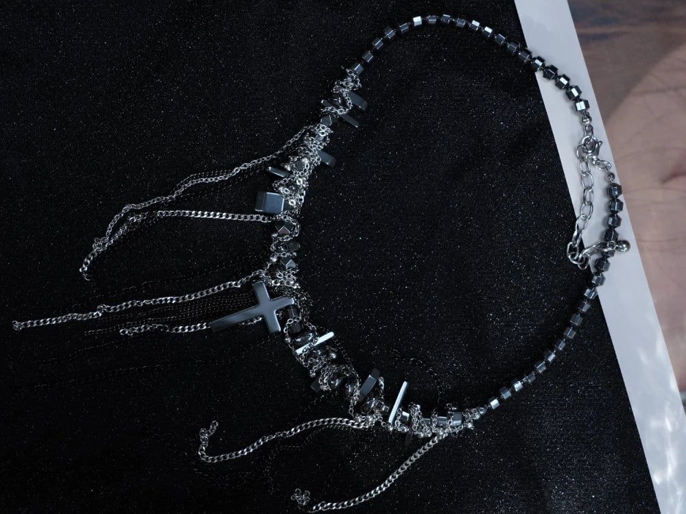 Y2K Layered Cross Chain Necklace – Gothic Silver & Black Multi-Strand Statement