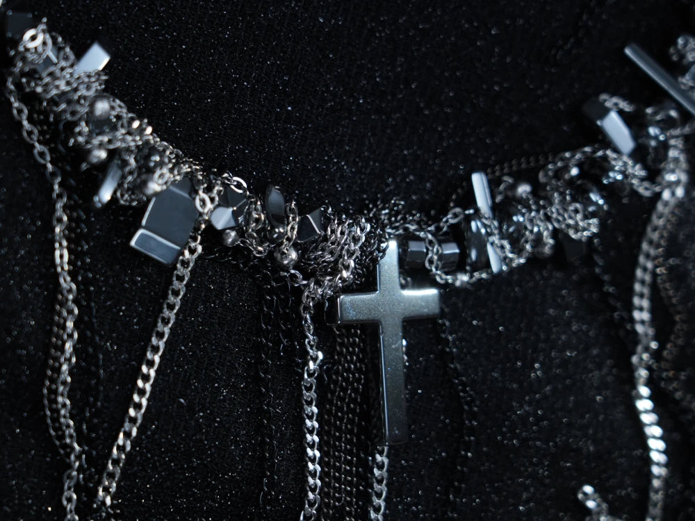 Y2K Layered Cross Chain Necklace – Gothic Silver & Black Multi-Strand Statement