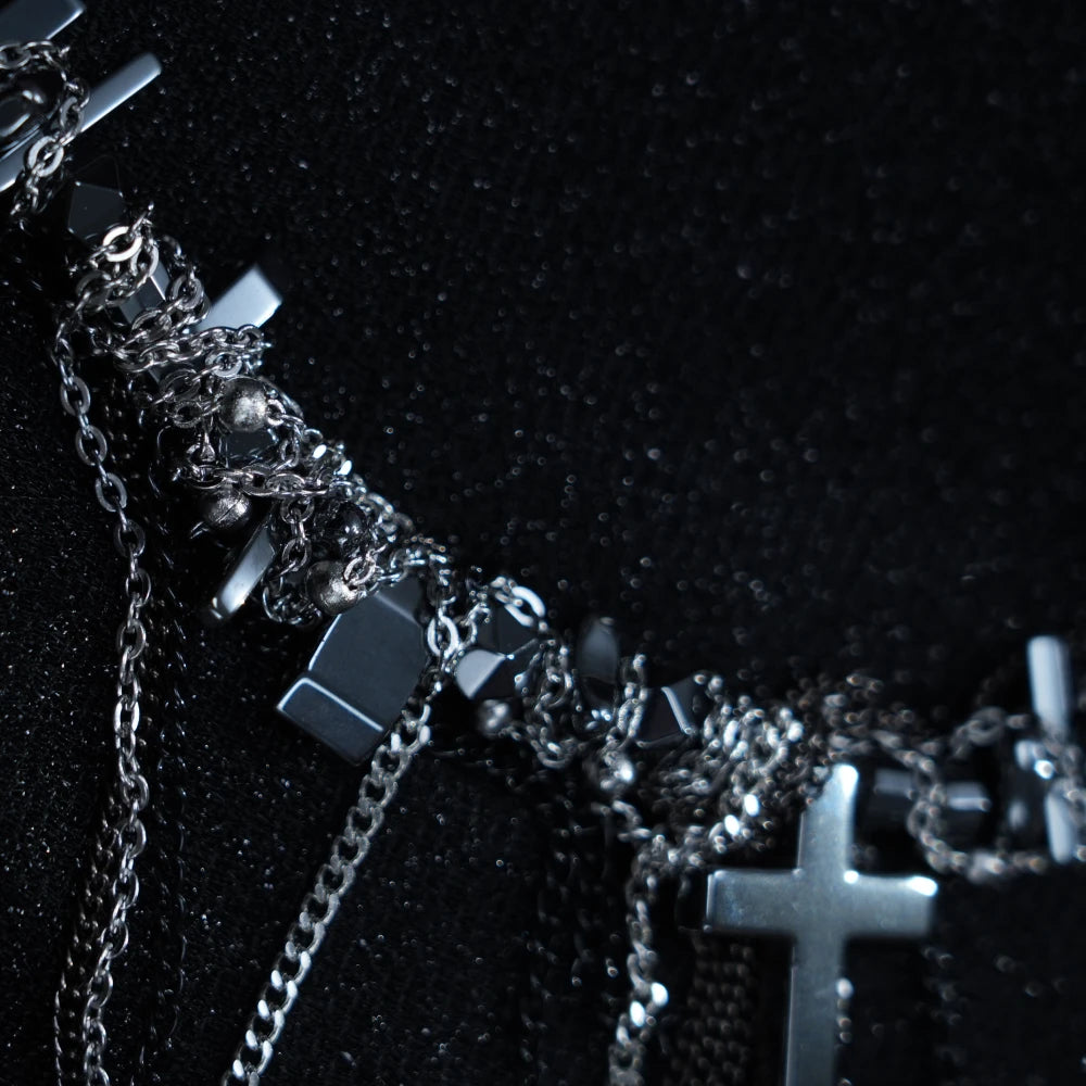 Y2K Layered Cross Chain Necklace – Gothic Silver & Black Multi-Strand Statement