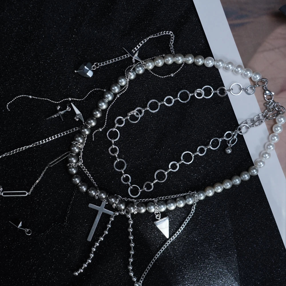 Y2K Symbol Charm Layered Necklace – Silver Chains with Cross, Triangle & Heart Pendants