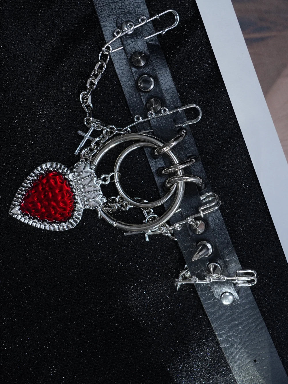 Y2K Gothic Heart Choker – Black Leather Necklace with Spikes, Chains & Red Gem Pendant
