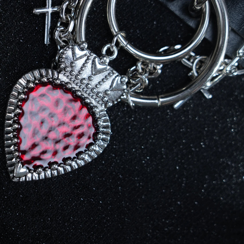 Y2K Gothic Heart Choker – Black Leather Necklace with Spikes, Chains & Red Gem Pendant