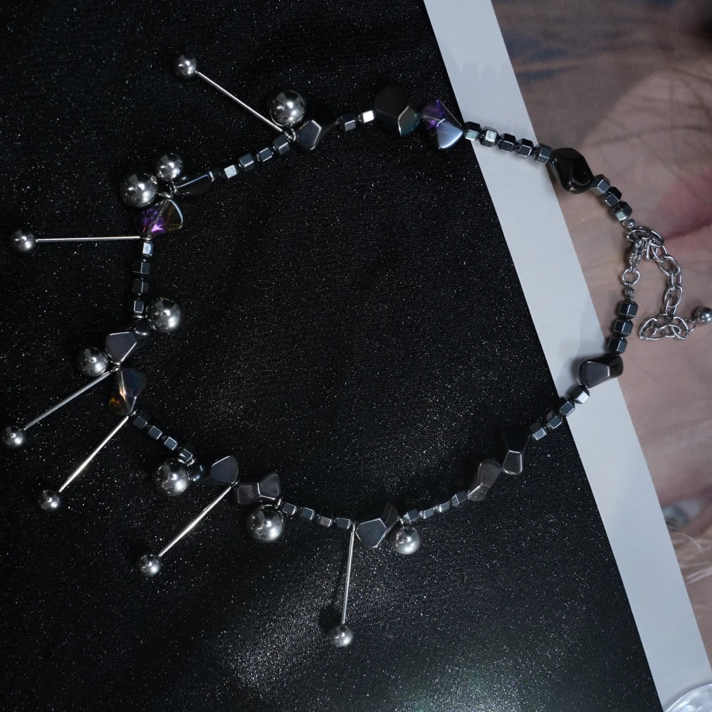 Y2K Iridescent Stone Drop Necklace – Silver Beaded Chains with Shimmering Light-Reflective Stones