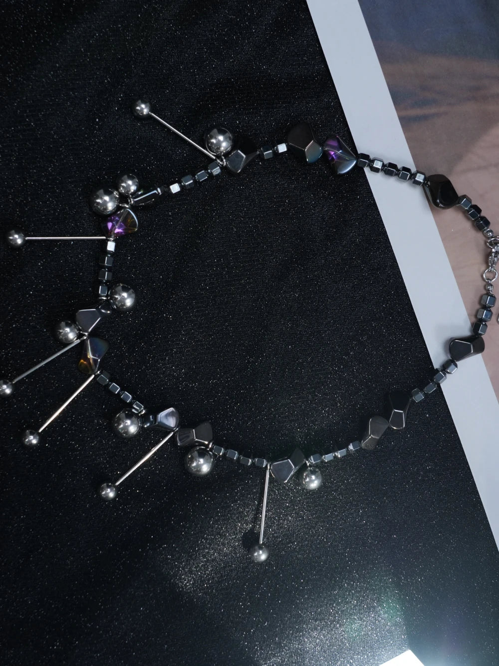 Y2K Iridescent Stone Drop Necklace – Silver Beaded Chains with Shimmering Light-Reflective Stones