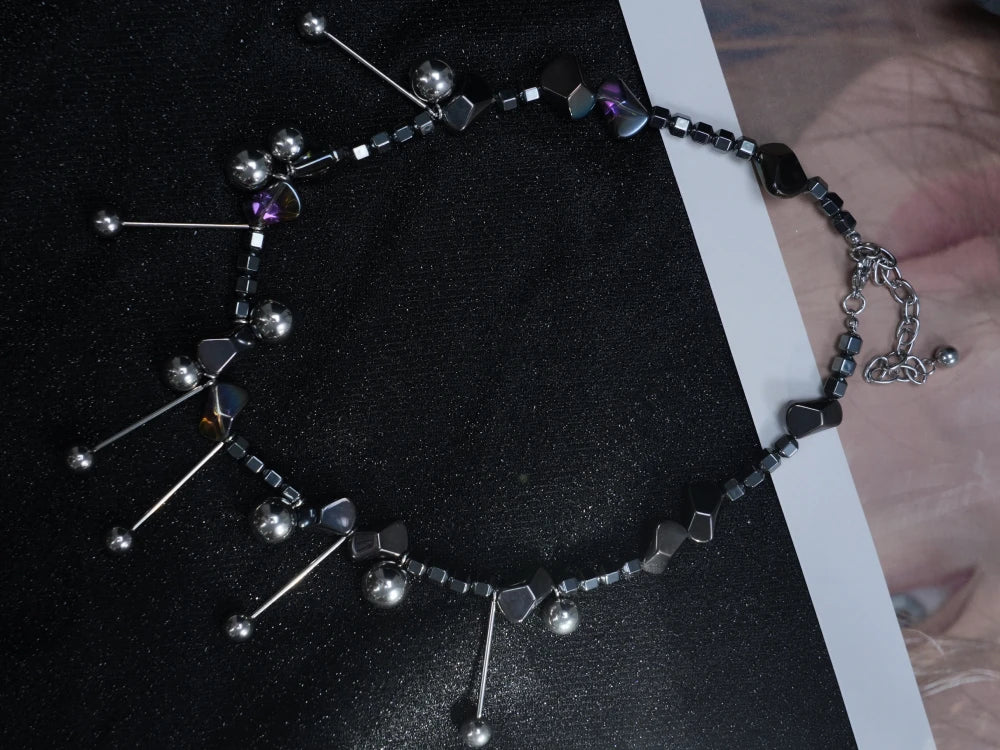 Y2K Iridescent Stone Drop Necklace – Silver Beaded Chains with Shimmering Light-Reflective Stones