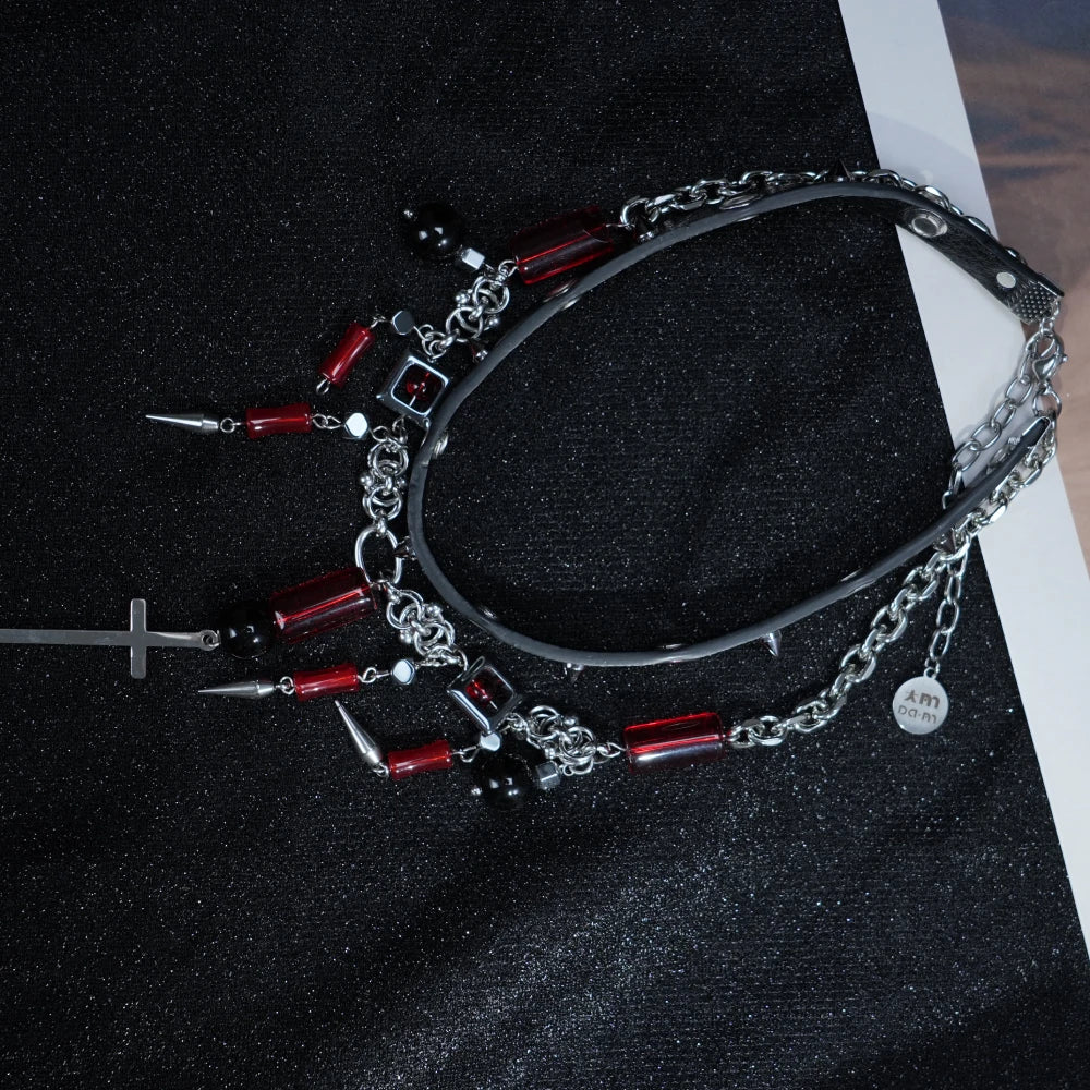 Y2K Gothic Layered Necklace – Black Leather Choker with Spikes, Chains & Cross Pendant