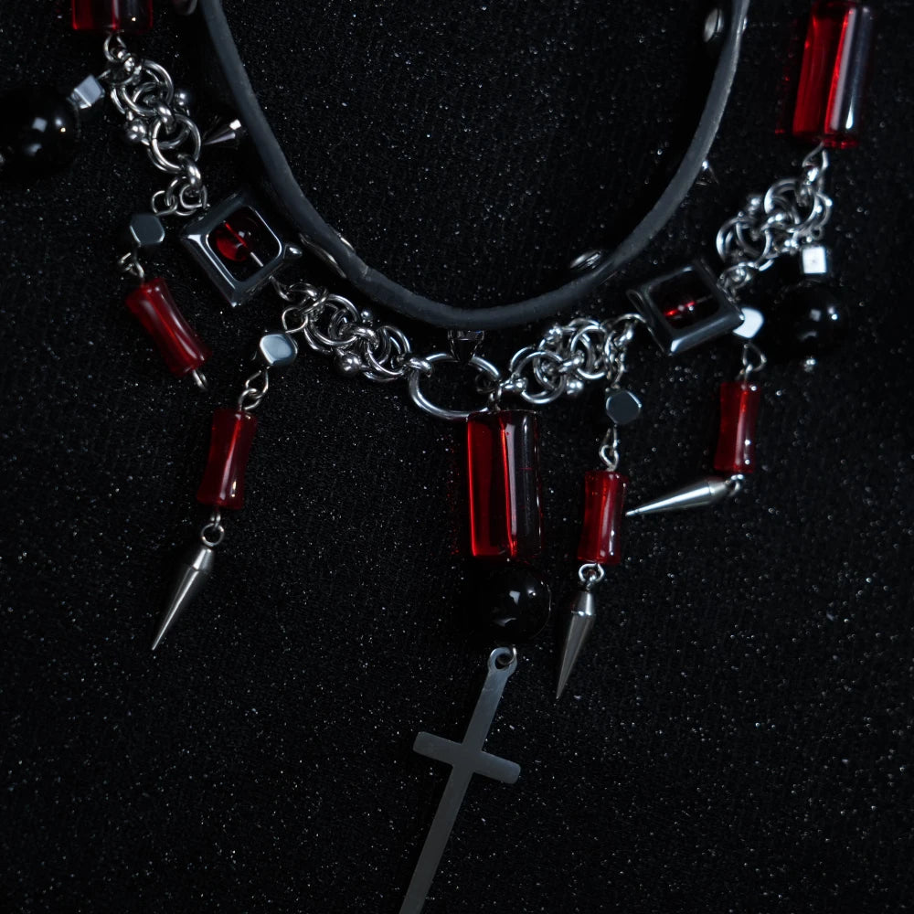Y2K Gothic Layered Necklace – Black Leather Choker with Spikes, Chains & Cross Pendant