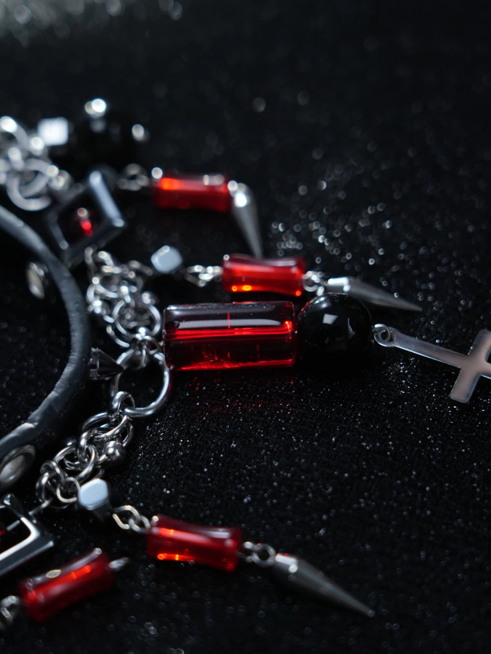 Y2K Gothic Layered Necklace – Black Leather Choker with Spikes, Chains & Cross Pendant