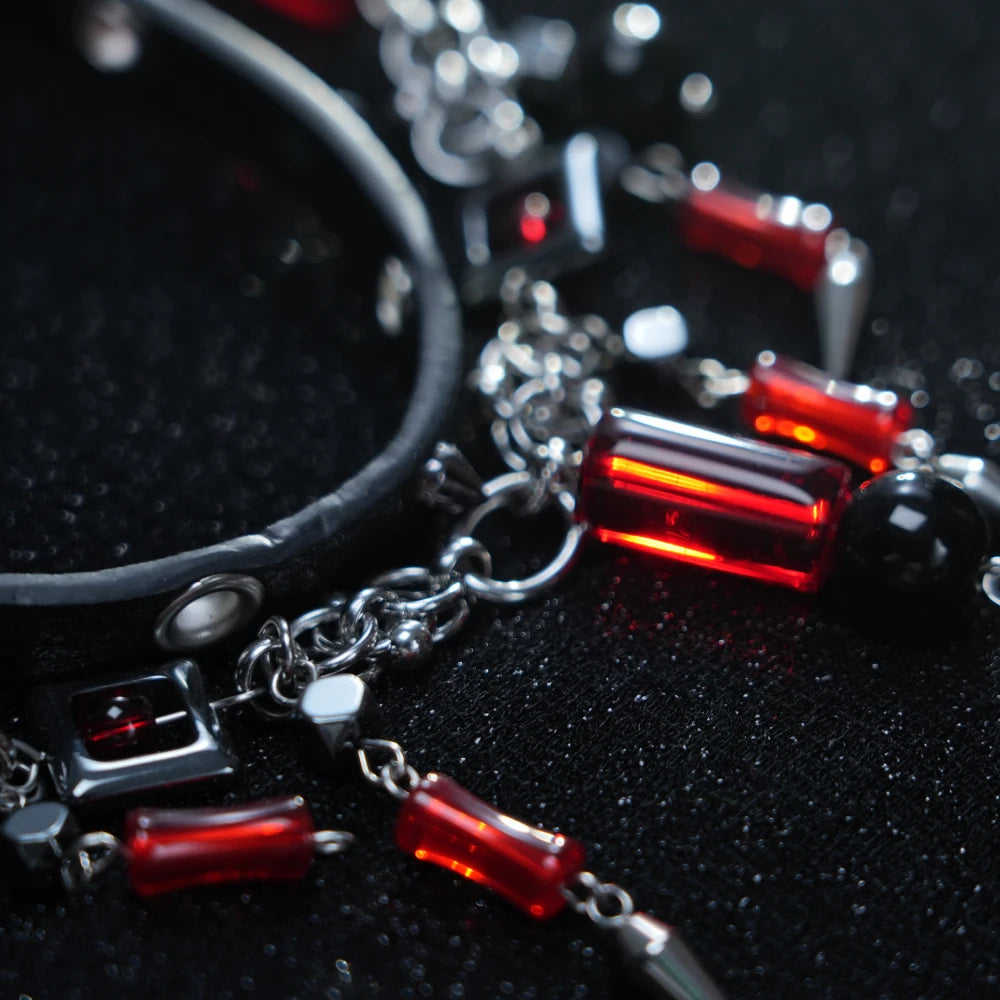 Y2K Gothic Layered Necklace – Black Leather Choker with Spikes, Chains & Cross Pendant