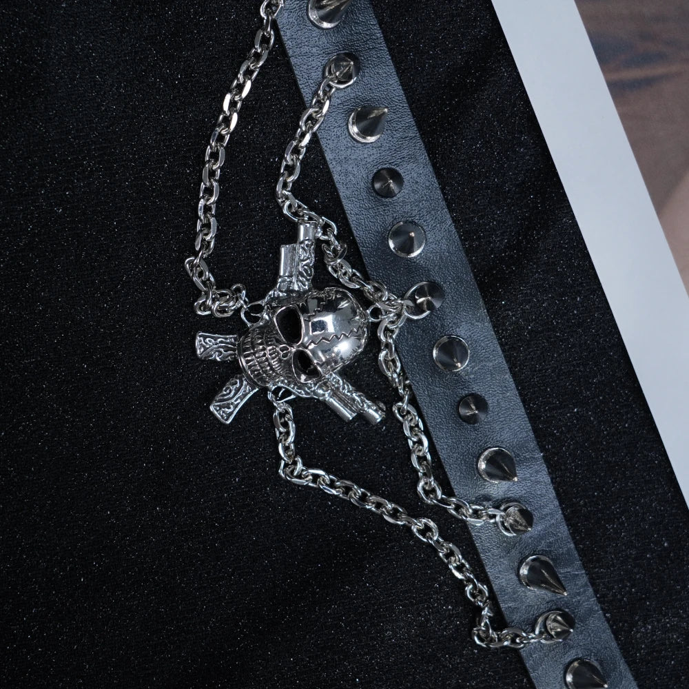 Y2K Punk Skull Choker – Black Leather Collar with Spikes & Layered Chains