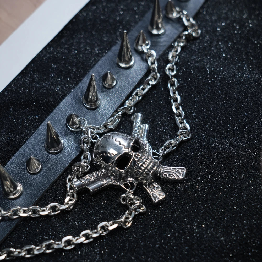 Y2K Punk Skull Choker – Black Leather Collar with Spikes & Layered Chains