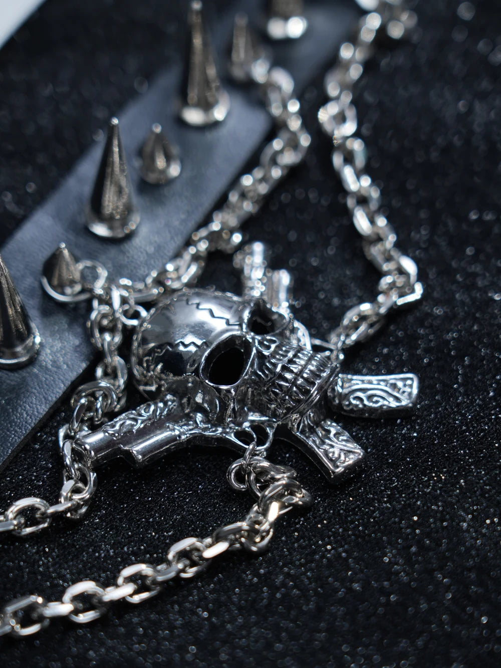 Y2K Punk Skull Choker – Black Leather Collar with Spikes & Layered Chains