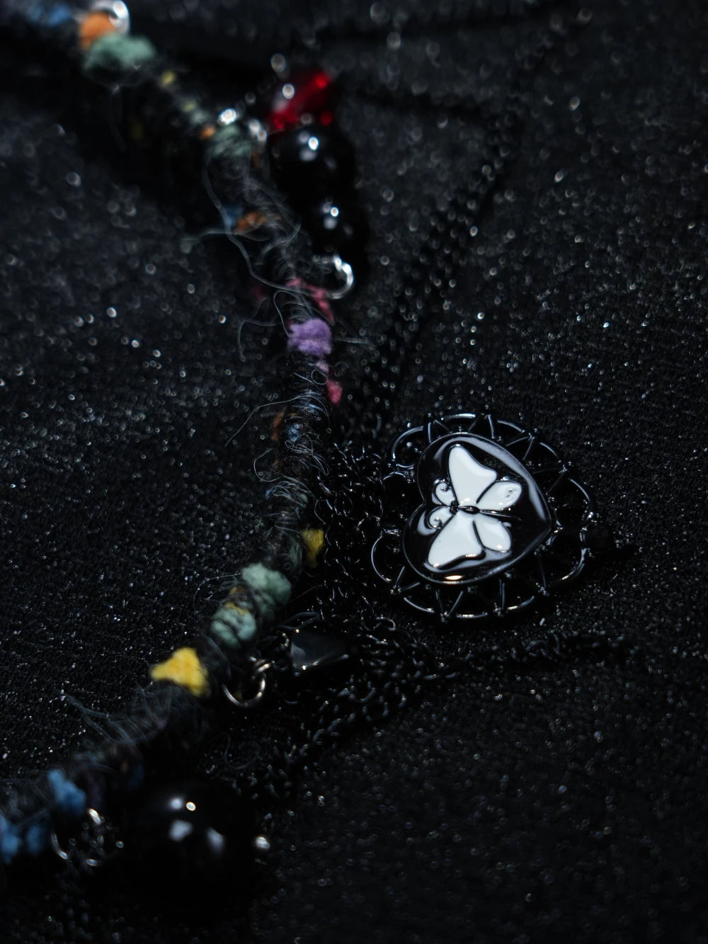 Y2K Dark Boho Heart Necklace – Handmade Yarn Statement Piece with Butterfly Pendant