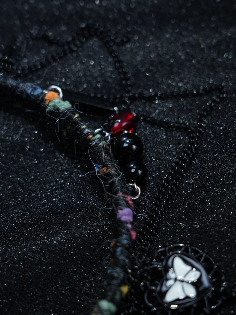 Y2K Dark Boho Heart Necklace – Handmade Yarn Statement Piece with Butterfly Pendant