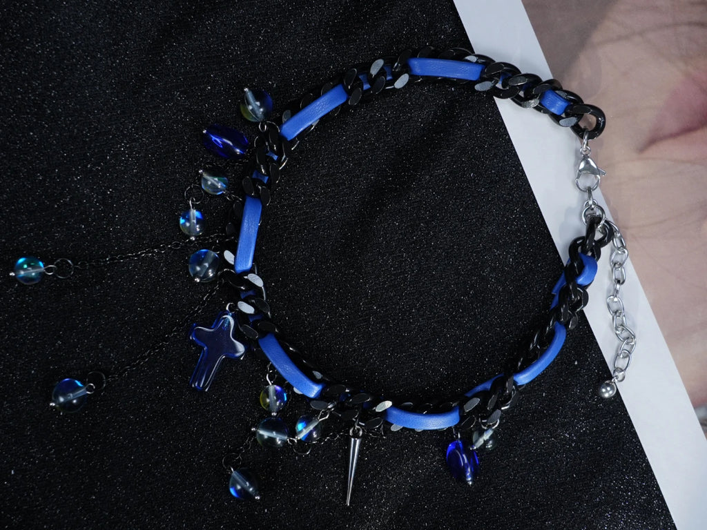 Y2K Gothic Blue Cross Necklace – Dark Chain with Blue Beads & Cross Pendants