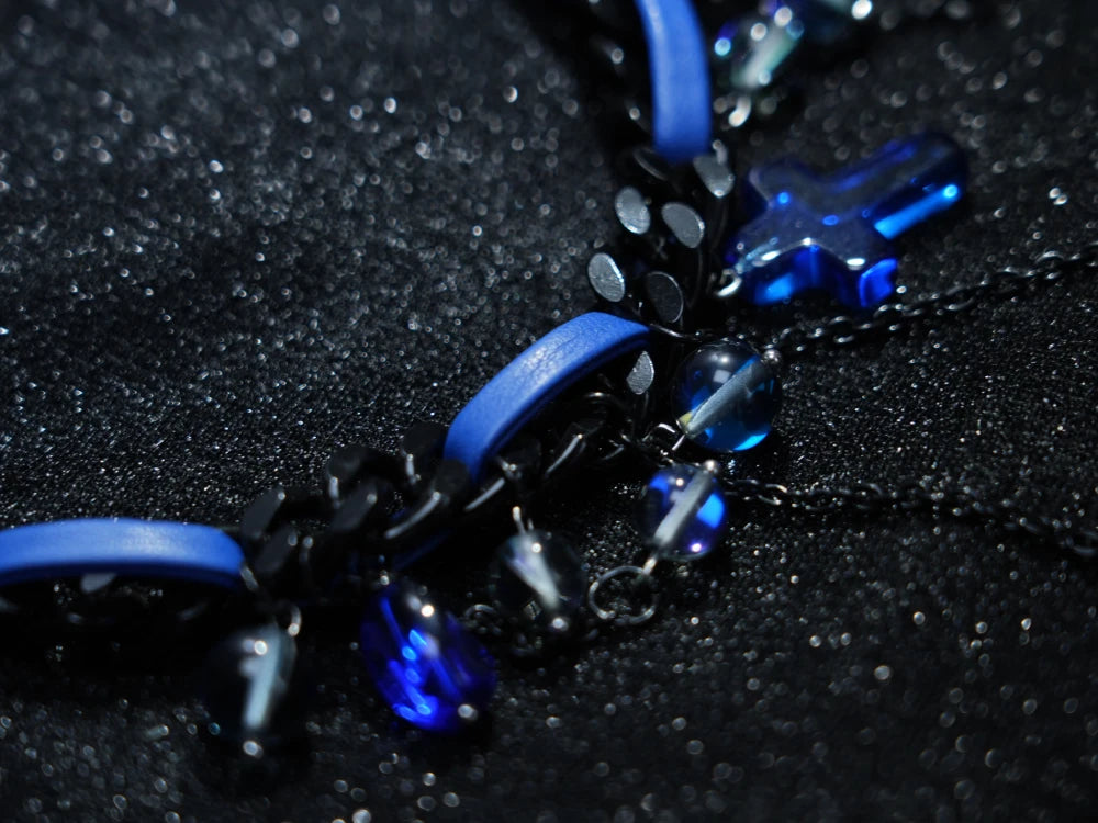 Y2K Gothic Blue Cross Necklace – Dark Chain with Blue Beads & Cross Pendants