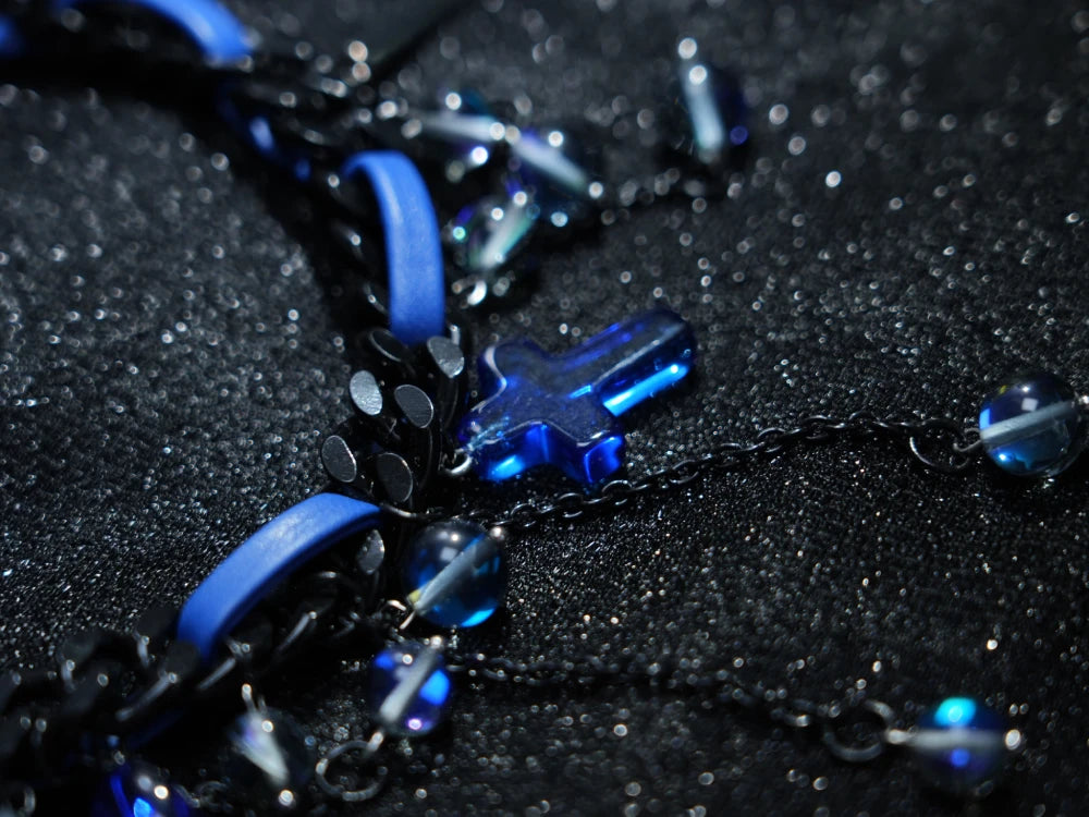 Y2K Gothic Blue Cross Necklace – Dark Chain with Blue Beads & Cross Pendants