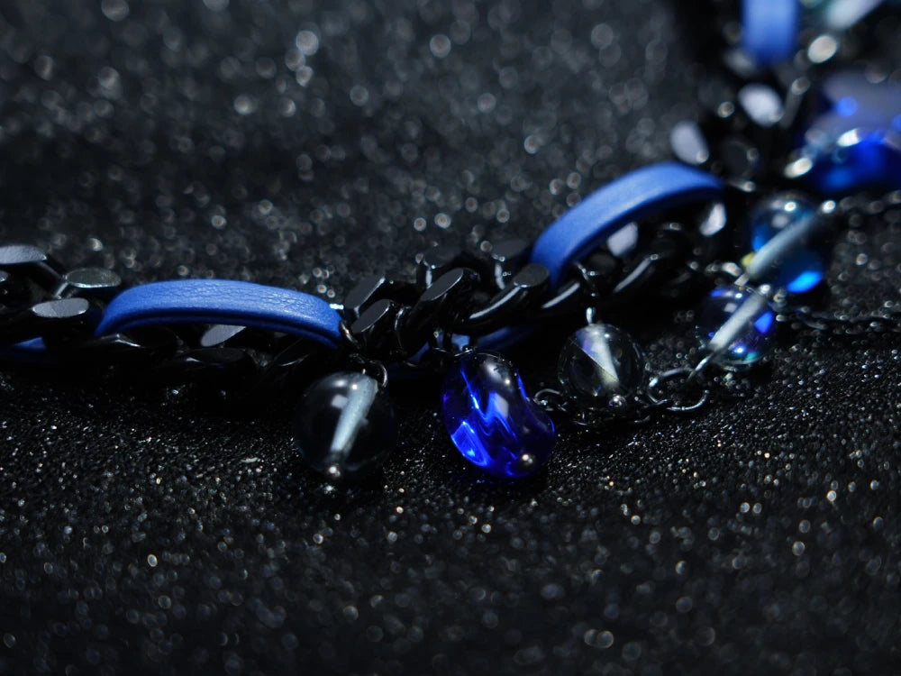 Y2K Gothic Blue Cross Necklace – Dark Chain with Blue Beads & Cross Pendants