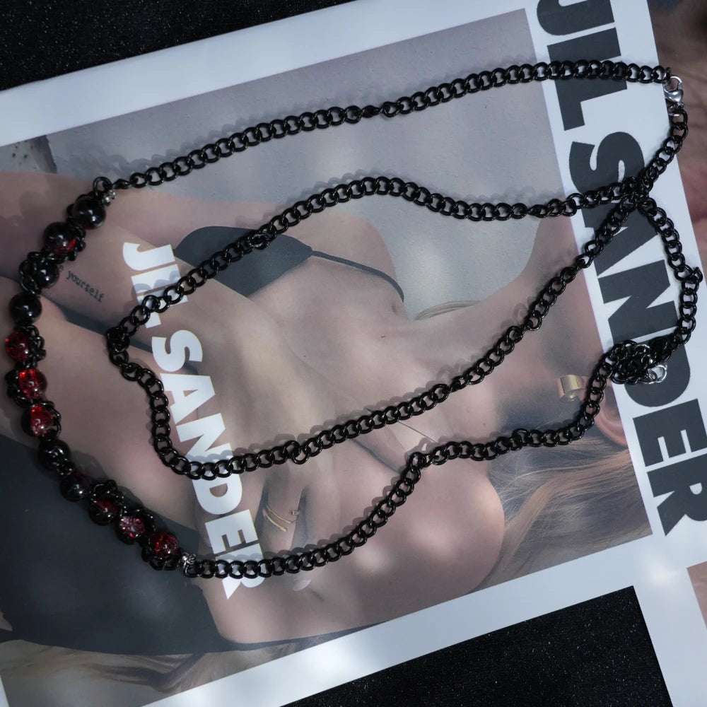 Y2K Layered Gothic Necklace – Black Chain & Reddish Purple Beaded Strand